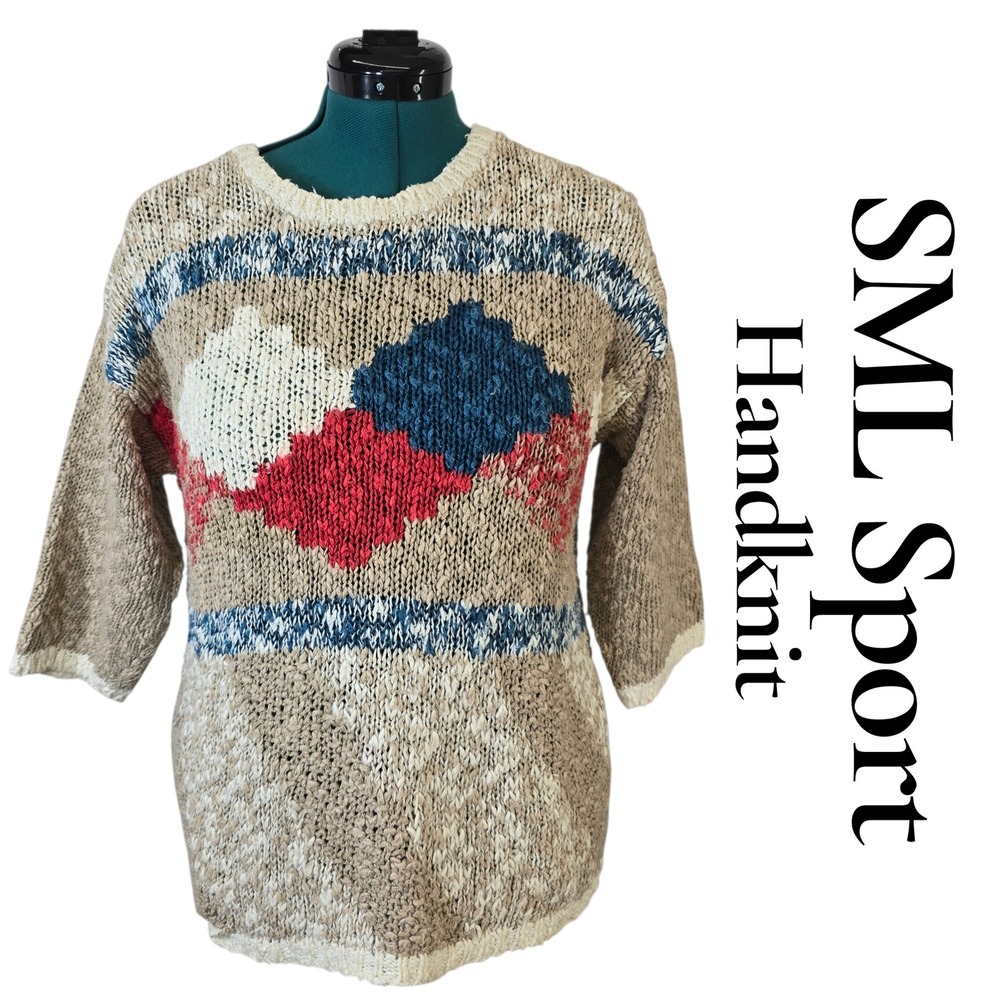 SML Sport Vintage Hand Knit Linen Cotton Sweater Beige Red Blue Diamond M
